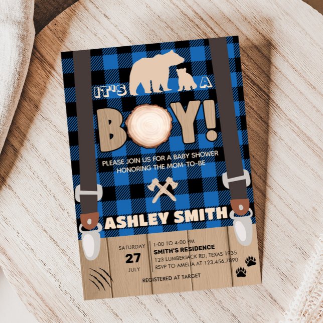 Convites Chá de fraldas de Lumberjack Xadrez Russo Azul (Plaid Lumberjack Baby Shower Invitation)