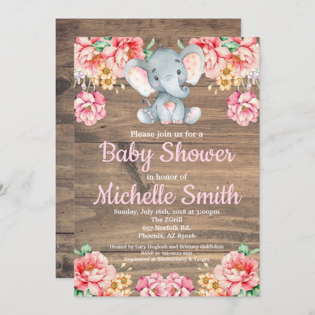 Convites Chá de fraldas de madeira do elefante da menina (Frente/Verso)
