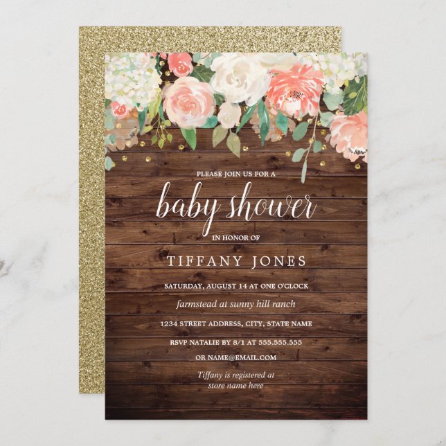 Convites Chá de fraldas de Madeira Floral Dourada Peach (Frente/Verso)