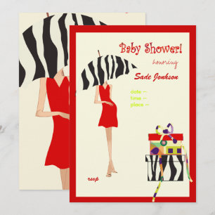 Convites Chá de fraldas de mamã/vestido vermelho/listras 