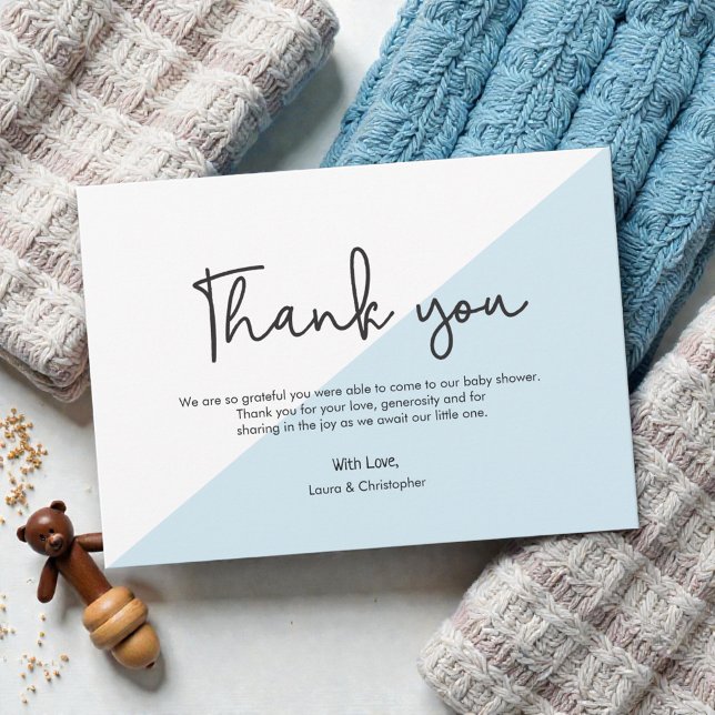 Convites Chá de fraldas de Manual Moderno obrigado Azul (Modern script handlettering thank you with custom message. Baby boy  blue shower thank you cards.)