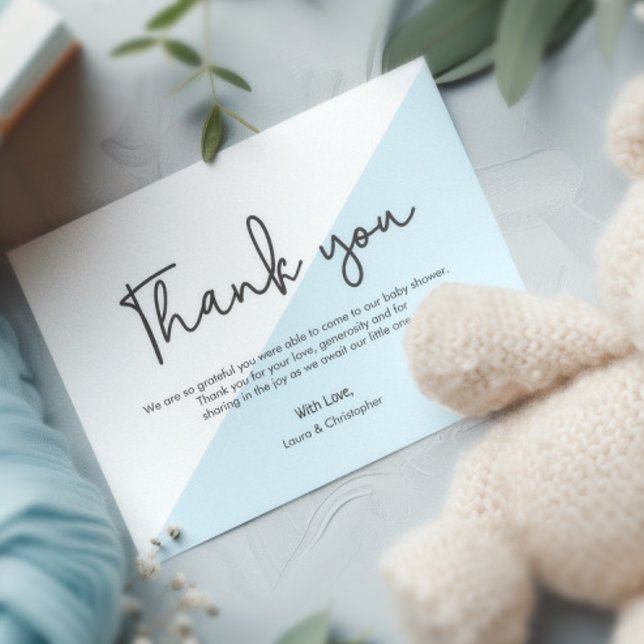 Convites Chá de fraldas de Manual Moderno obrigado Azul (Baby shower thank you card in blue and white.)