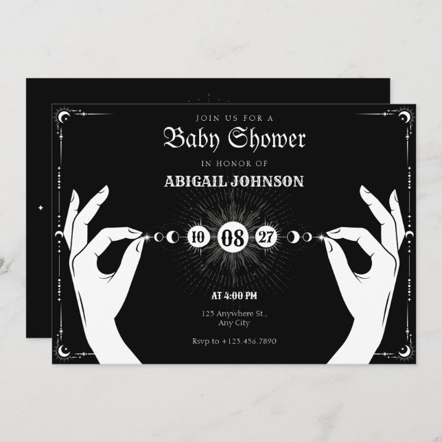 Convites Chá de fraldas de mão mágica mística da lua (Frente/Verso)