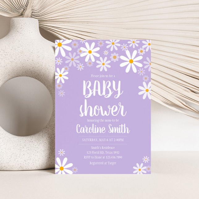 Convites Chá de fraldas de margarida roxa (Purple Boho Daisy Baby Shower Invitation 
)