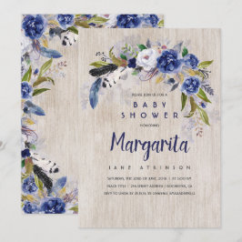 Convites Chá de fraldas de Marinho Floral de Aquarela