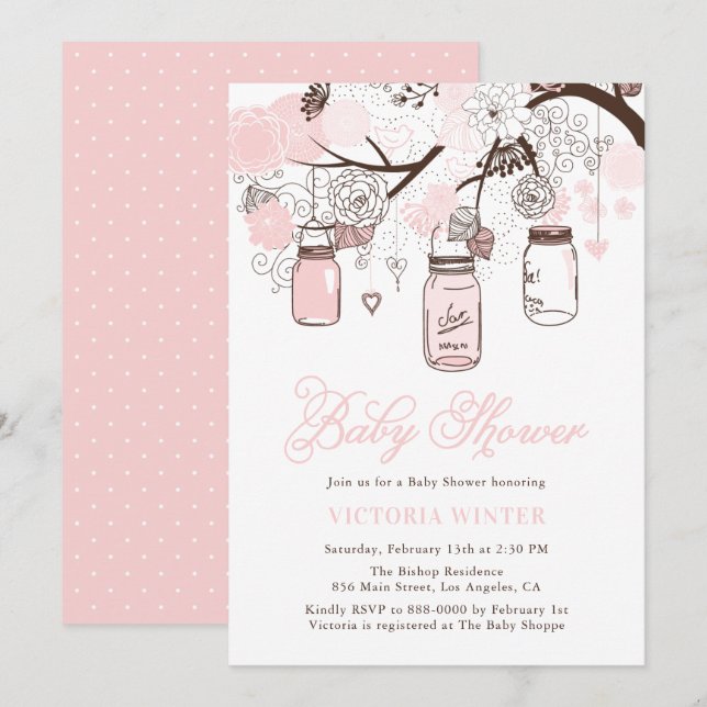 Convites Chá de fraldas de Mason Jars de rosa claro (Frente/Verso)