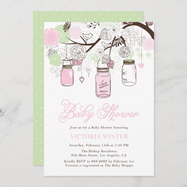 Convites Chá de fraldas de Mason Jars Mason, Rosa e Verde M (Frente/Verso)