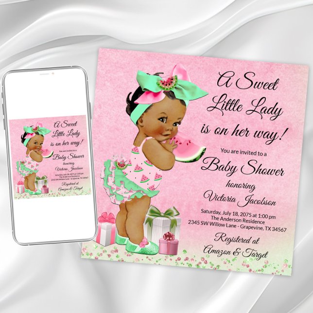 Convites Chá de fraldas de Melancia Moça Americana Africana (Cute watermelon baby shower invitation. Instant download and printed invitations available.)
