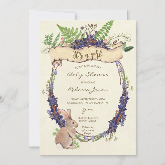 Convites chá de fraldas de menina coelho de coelho (Frente)