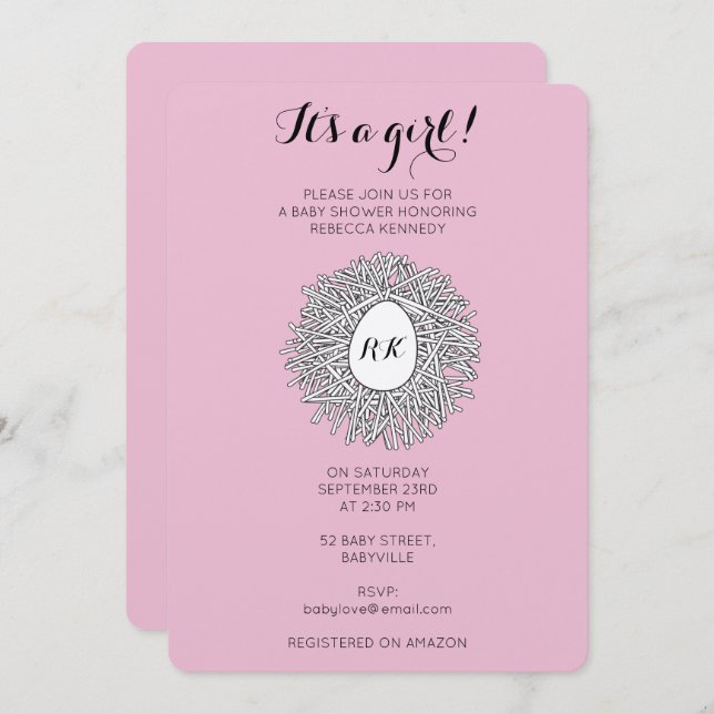 Convites Chá de fraldas de Menina do Monograma do Ninho Bon (Frente/Verso)