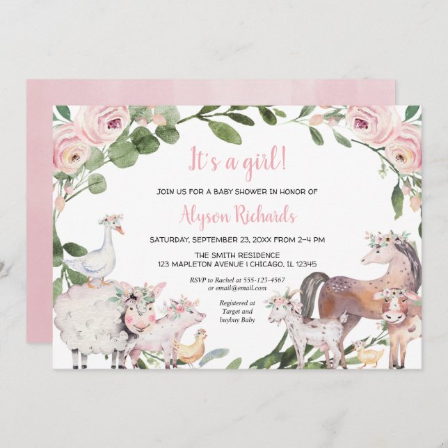 Convites Chá de fraldas de menina floral de aquarela (Frente/Verso)