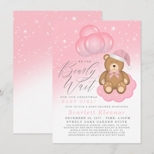 Convites Chá de fraldas de Menina Rosa de inverno com Urso  (Frente/Verso)