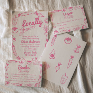 Convites Chá de fraldas de Menina Rosa Rosa Desenhada À Mão