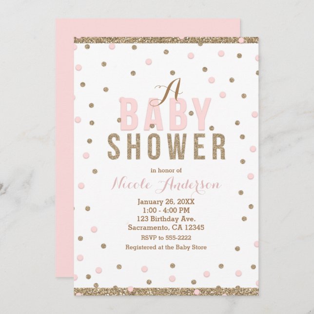 Convites Chá de fraldas de Meninas de Confetti Rosa e Doura (Frente/Verso)