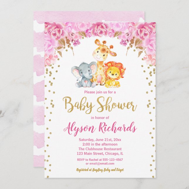 Convites chá de fraldas de meninas de safari (Frente/Verso)