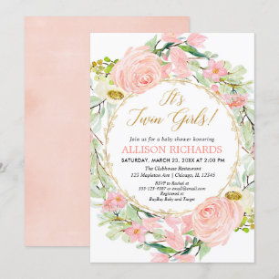 Convites chá de fraldas de meninas gêmeas, blush de ouro 