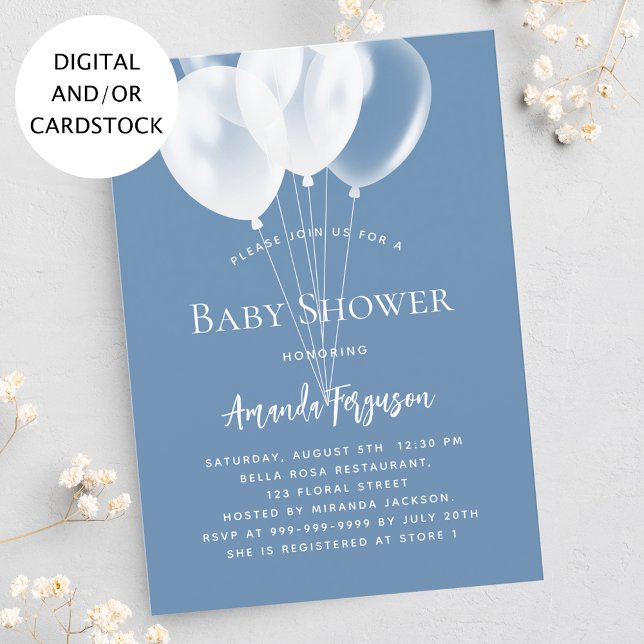 Convites Chá de fraldas de menino de balões brancos azul-po (Criador carregado)