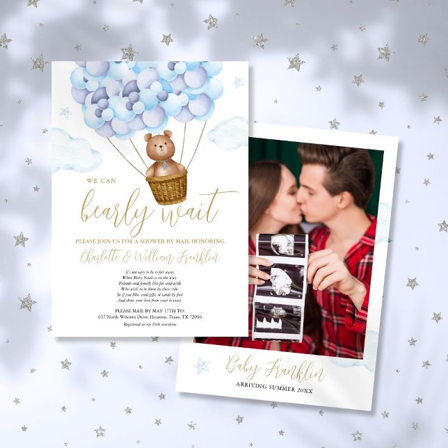 Convites Chá de fraldas De Menino De Espera Por Email (Bearly Wait Boy Baby Shower By Mail Photo Invitation)