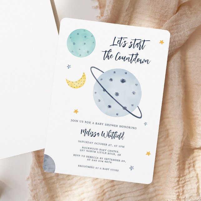 Convites Chá de fraldas de Menino de Script Externo Moderno (Modern Outer Space Script Boy Baby Shower Invitation)