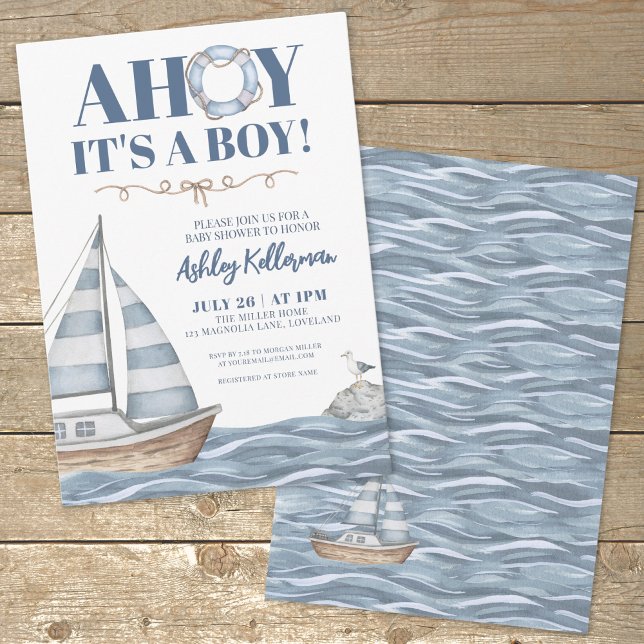 Convites Chá de fraldas de Menino do Oceano Náutico (Ocean Blue Nautical Boy Baby Shower Invitation)