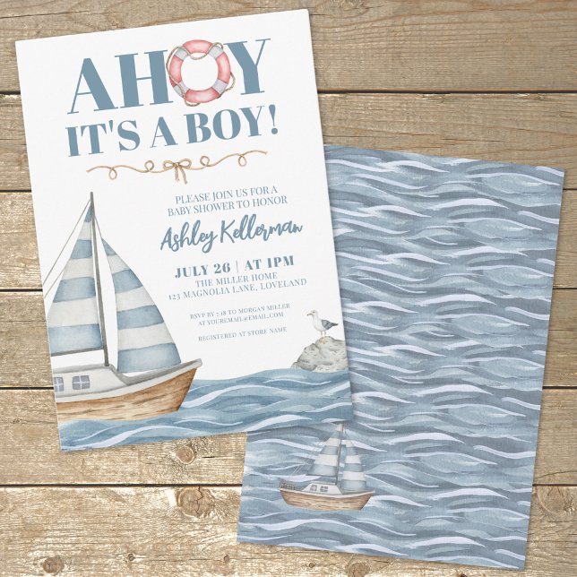 Convites Chá de fraldas de Menino do Oceano Náutico (Sailboat AHOY It's A Boy Baby Shower Invitation )