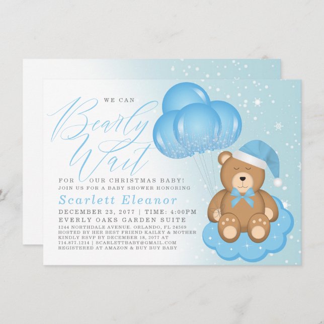 Convites Chá de fraldas de Menino do Urso Sonolento Azul de (Frente/Verso)