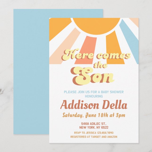 Convites Chá de fraldas de Menino Sonho com Sol Retroativo (Frente/Verso)