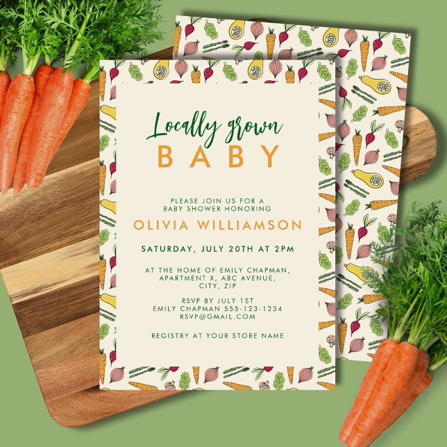 Convites Chá de fraldas De Mercado De Agricultores Cultivad (Locally grown baby shower invitation for gender neutral farmers market vegetable theme.)