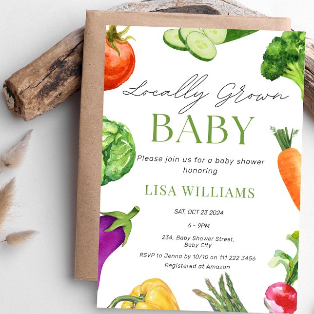 Convites Chá de fraldas de mercado do criador de bebês em c (Locally Grown Baby Farmer's Market Veggies Baby Shower Invitation)