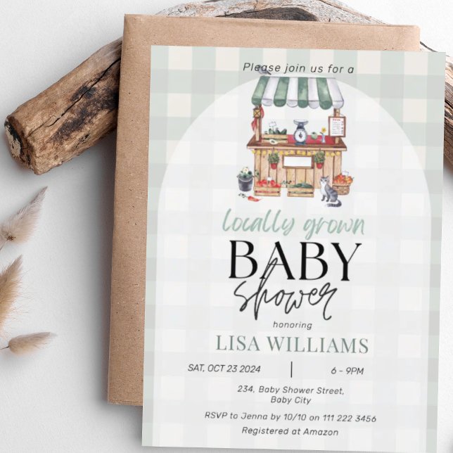 Convites Chá de fraldas de mercado do criador de bebês em c (Locally Grown Baby Farmer's Market Rustic Baby Shower Invitation)