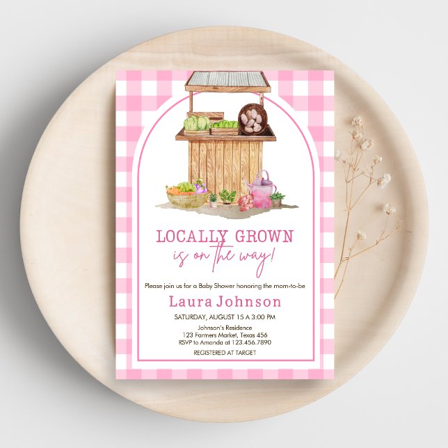 Convites Chá de fraldas De Mercado Dos Agricultores Cultiva (Pink Farmers Market Locally Grown Baby Shower Invitation)