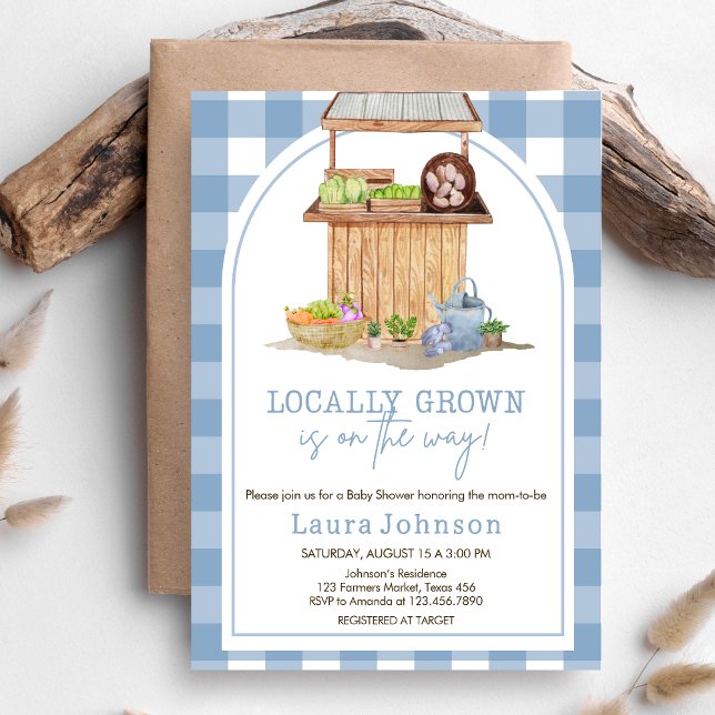 Convites Chá de fraldas de Mercado para Agricultores Cultiv (Blue Farmers Market Locally Grown Baby Shower Invitation)