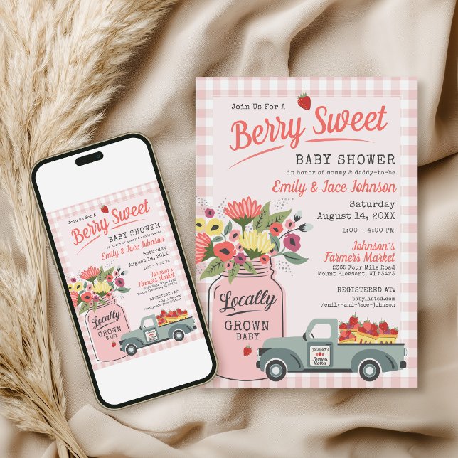 Convites Chá de fraldas de Mercado para Agricultores Digita (Cute modern hand drawn custom farmers market berry sweet gingham baby girl shower digital invitation)