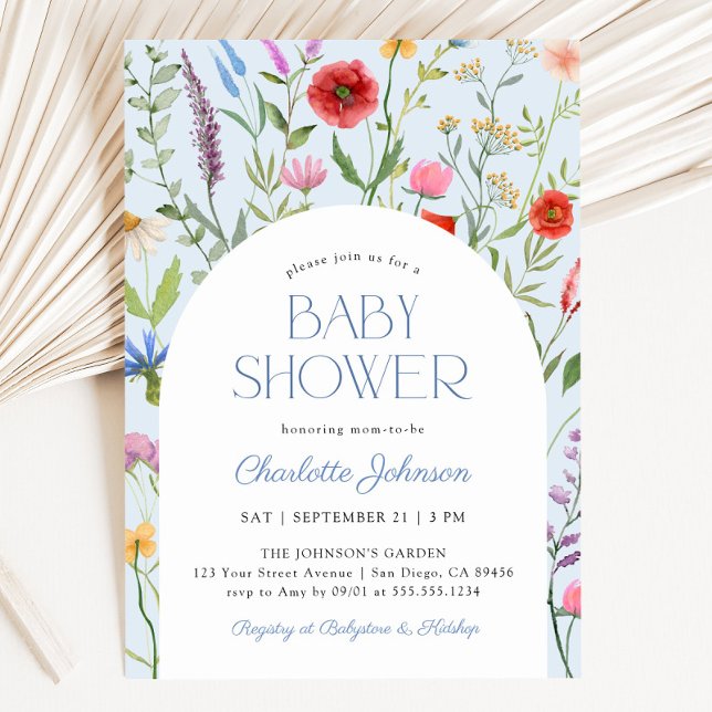 Convites Chá de fraldas de Molho Azul Dusty (Wildflower Dusty Blue Boy Baby Shower Invitation)