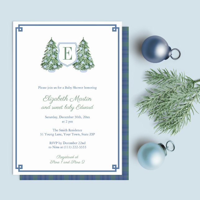 Convites Chá de fraldas de Monograma da Árvore de Natal Bra (Preppy Blue And Green Christmas Baby Shower invitation with fir trees, blue white baubles & tartan)
