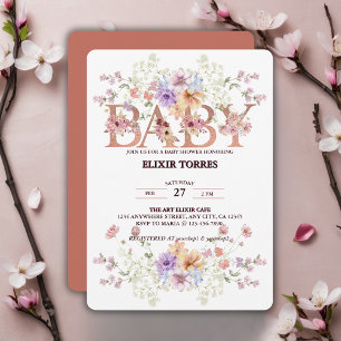 Convites Chá de fraldas de Monograma de Bebês, Rosa Floral,