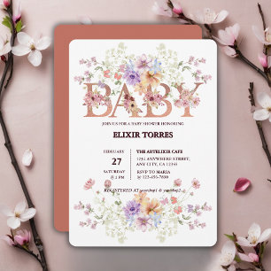 Convites Chá de fraldas de Monograma de Bebês, Rosa Floral,