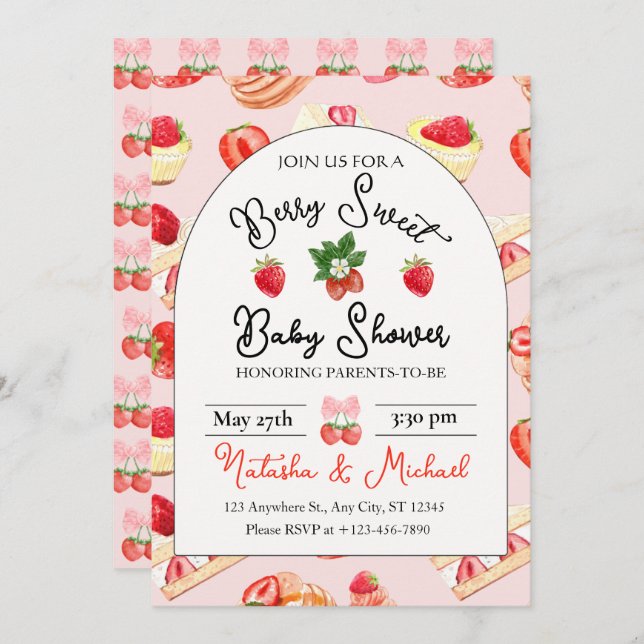 Convites Chá de fraldas de morango Berry Sweet (Frente/Verso)