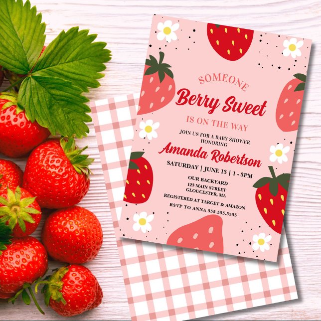 Convites Chá de fraldas de morango | Berry Sweet (Berry Sweet baby shower invitation with pink & red strawberries on a blush background")
