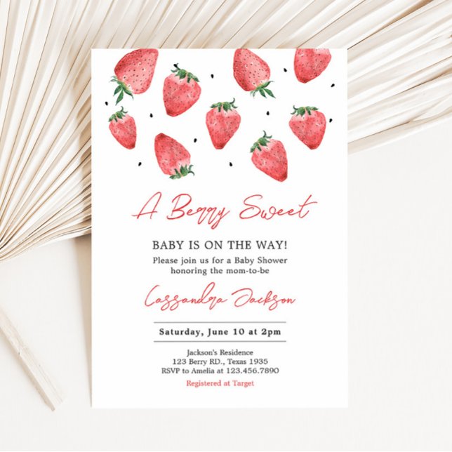 Convites Chá de fraldas de morango Berry Sweet (Red Strawberry Baby Shower Invitation)