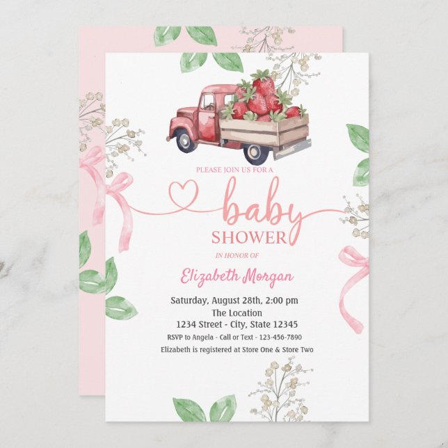 Convites Chá de fraldas de Morango de Água (Frente/Verso)