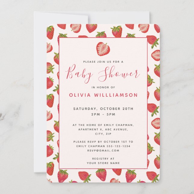 Convites Chá de fraldas de Morango de Verão (Frente)