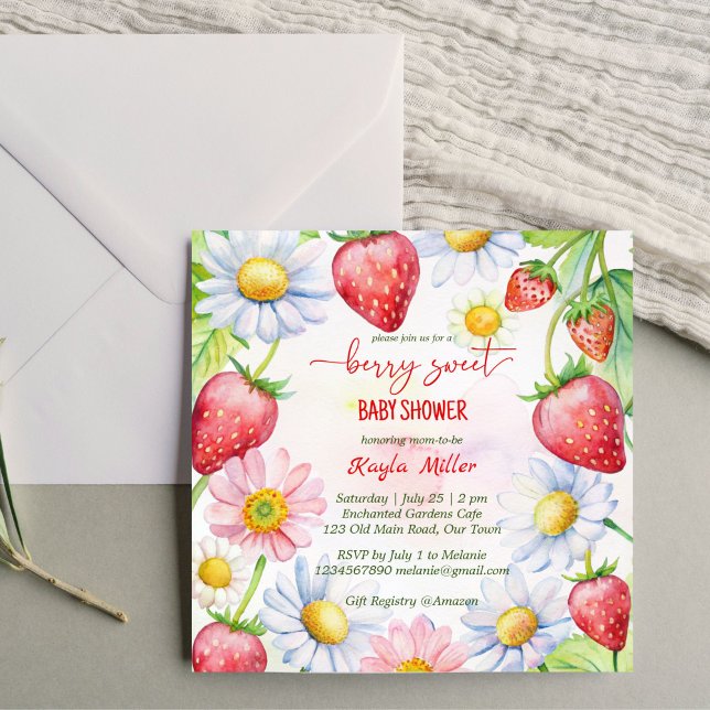 Convites Chá de fraldas de morango doce (Berry sweet summer garden daisy strawberry baby shower invitation template instant download)