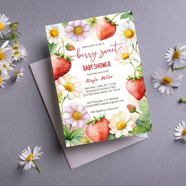 Convites Chá de fraldas de morango doce (Berry sweet summer garden strawberry baby shower invitation editable template instant download)