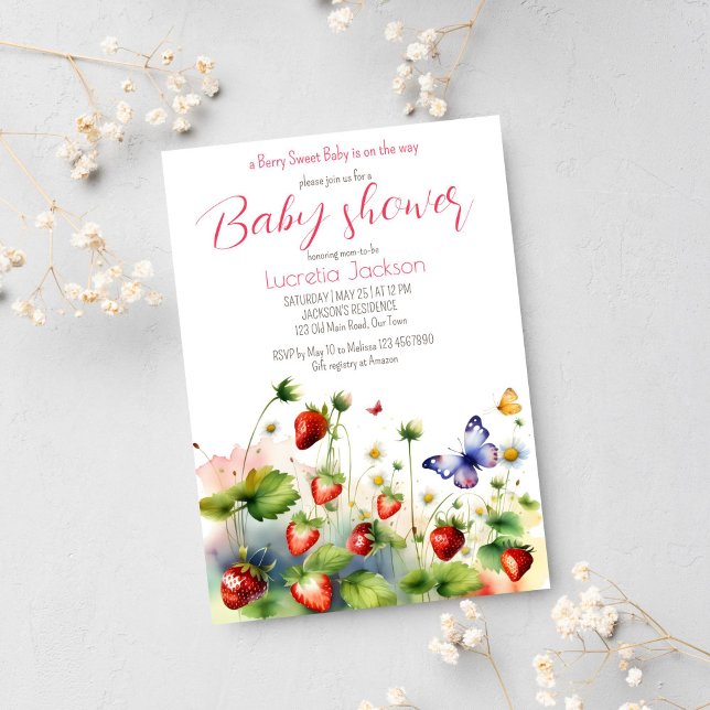 Convites Chá de fraldas de morango doce (Berry sweet strawberry baby shower template invitation instant digital download strawberry meadow)