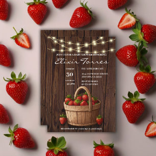 Convites Chá de fraldas de morango doce em madeira