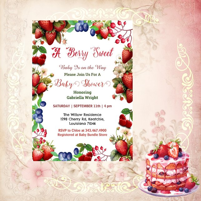 Convites Chá de fraldas de Morango Vermelho | Blue Berry Sw (Red Strawberry Baby Shower | Blue Berry Sweet Cute Invitation)