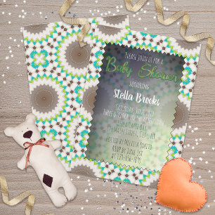 Convites Chá de fraldas de mosaico verde-étnico branco-ca