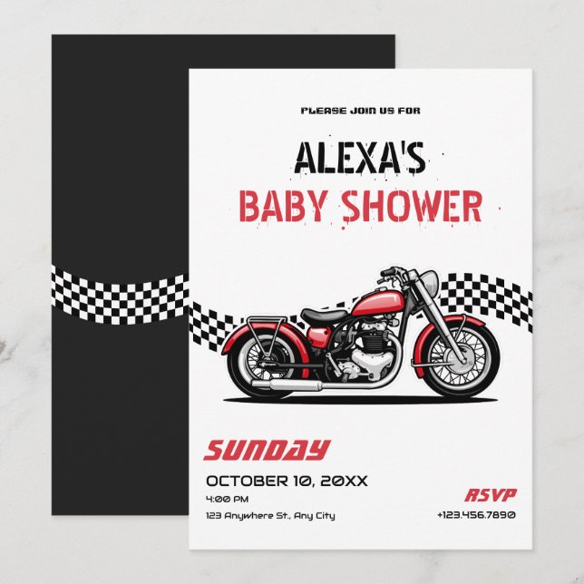 Convites Chá de fraldas de motocicleta clássico (Frente/Verso)