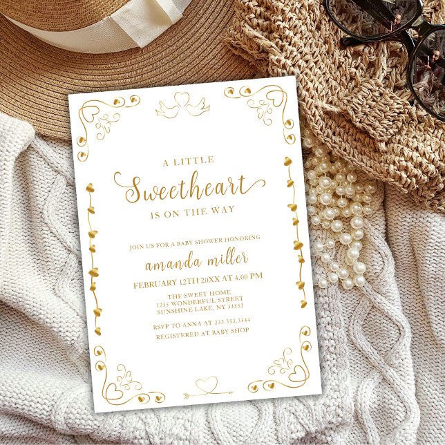 Convites Chá de fraldas de Namorados Dourado Elegante Sweet (Gold Elegant Sweetheart Valentine Baby Shower Invitation)